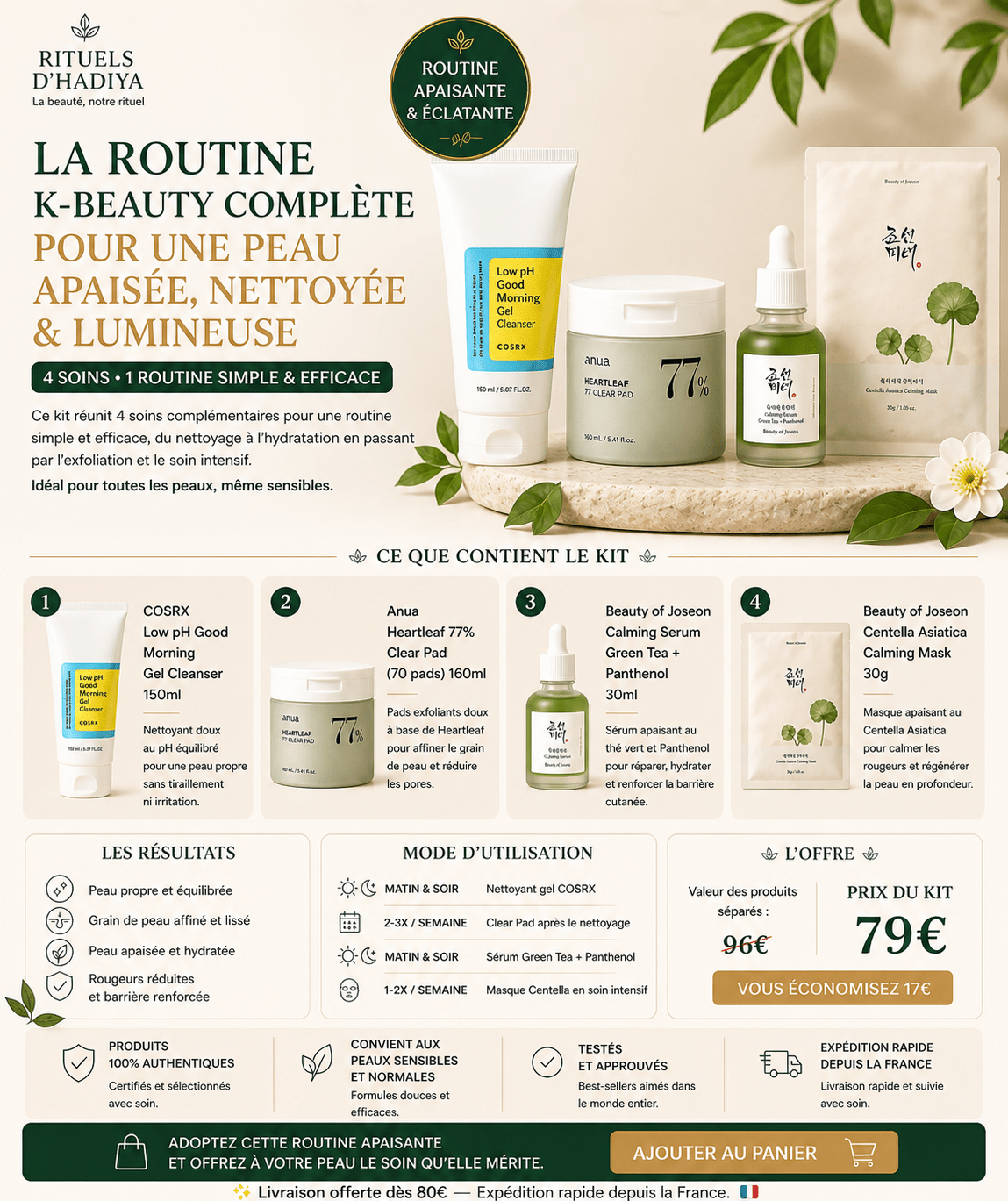 Kit routine K-beauty 4 soins apaisants - COSRX Gel Cleanser, Anua Clear Pad, Sérum Green Tea, Masque Centella