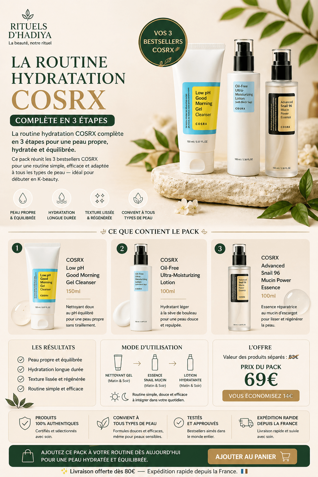 Pack COSRX Routine Hydratation – 3 soins essentiels K - beauty - Rituels d'Hadiya