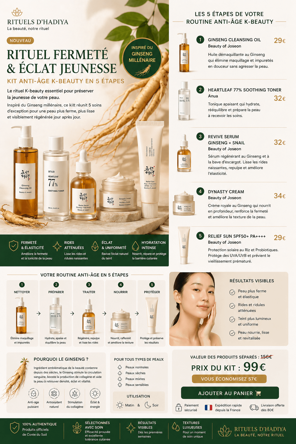 Routine K - beauty Anti - Âge (5 étapes) – Fermeté, Éclat & Peau Lisse - Pack - Rituels d'Hadiya